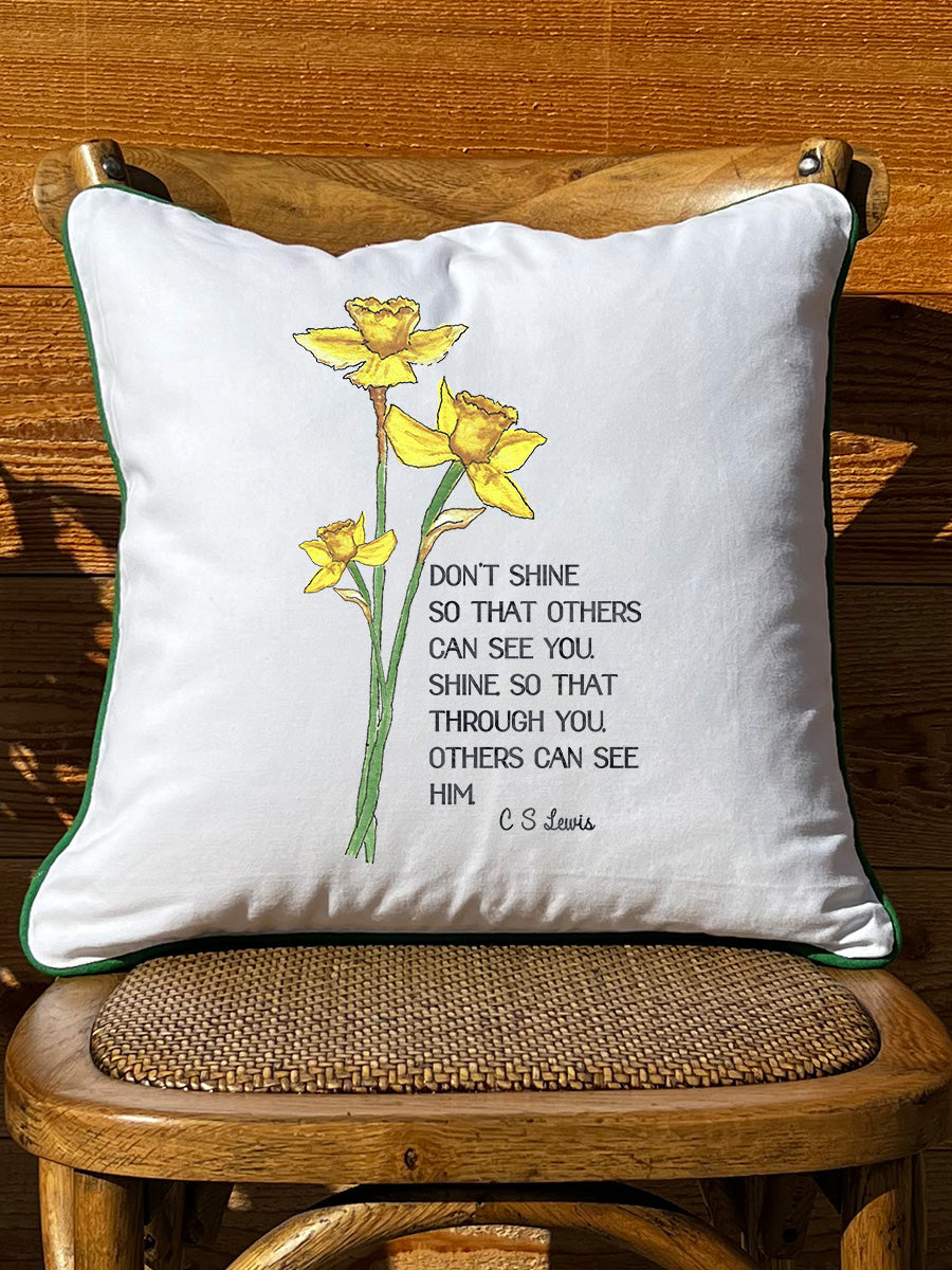 C S Lewis Shine Quote White Square Pillow with Piping