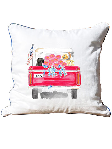 Vintage Red Truck With Flowers and Labs White Square Pillow with Piping