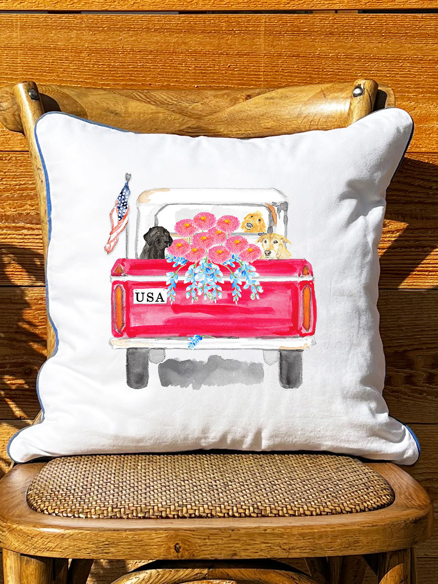 Vintage Red Truck With Flowers and Labs White Square Pillow with Piping