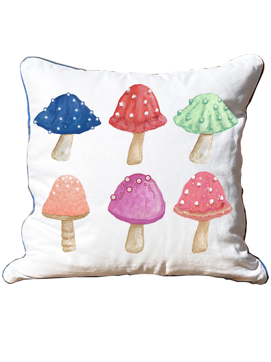 Mushrooms Collage Square White Pillow with Piping