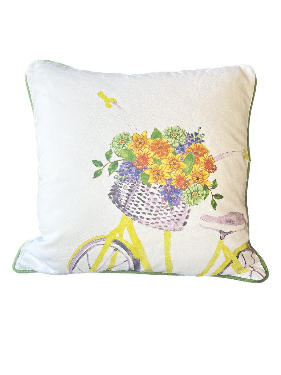 Spring Floral Bike White Square Pillow with Piping