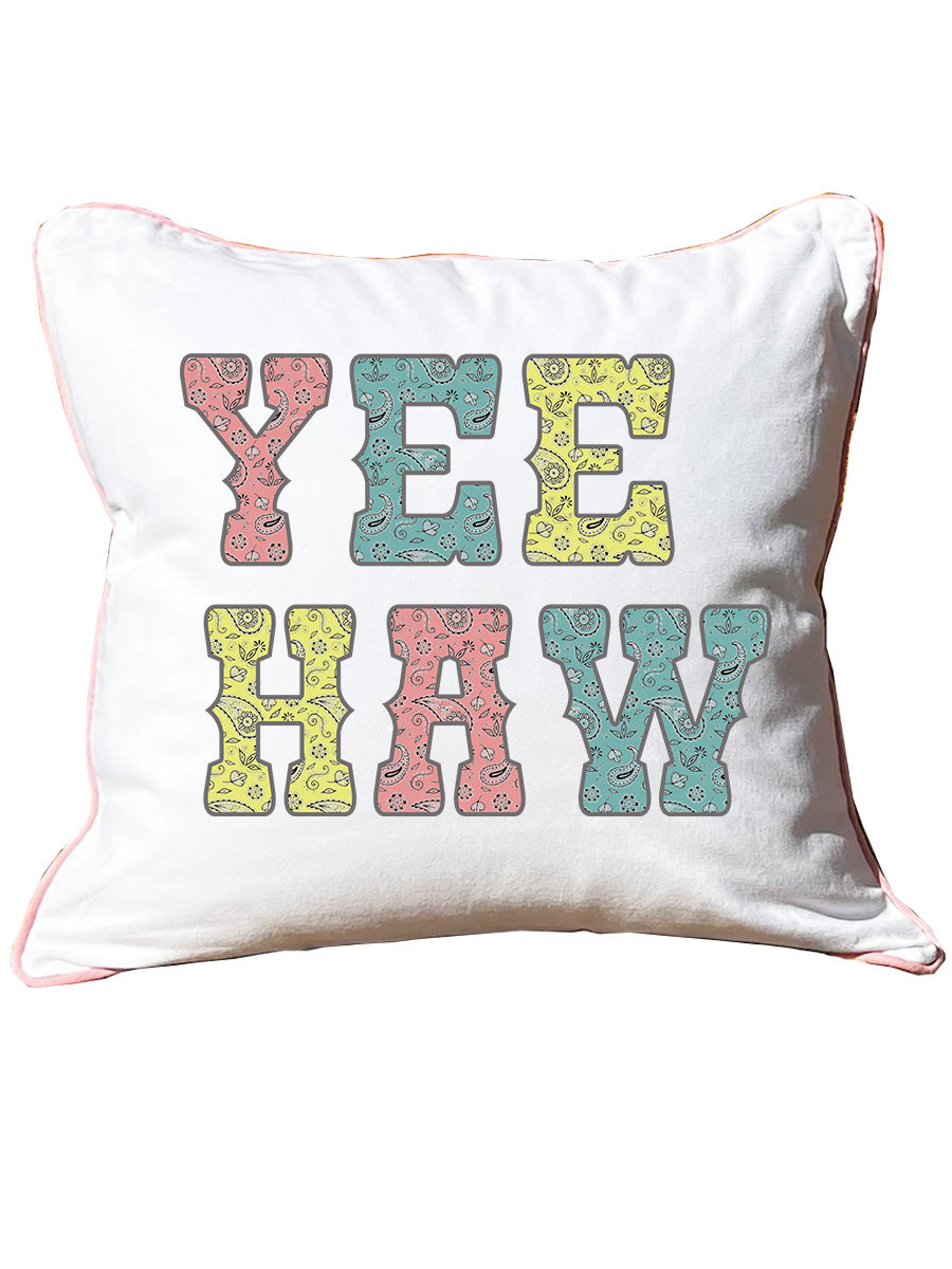 Yee Haw Bandana Print White Square Pillow with Piping