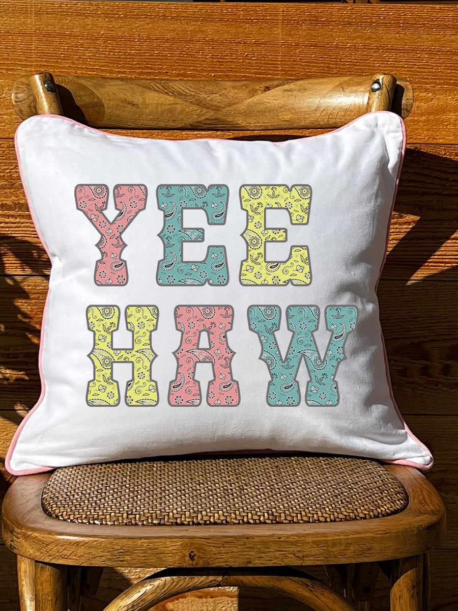 Yee Haw Bandana Print White Square Pillow with Piping