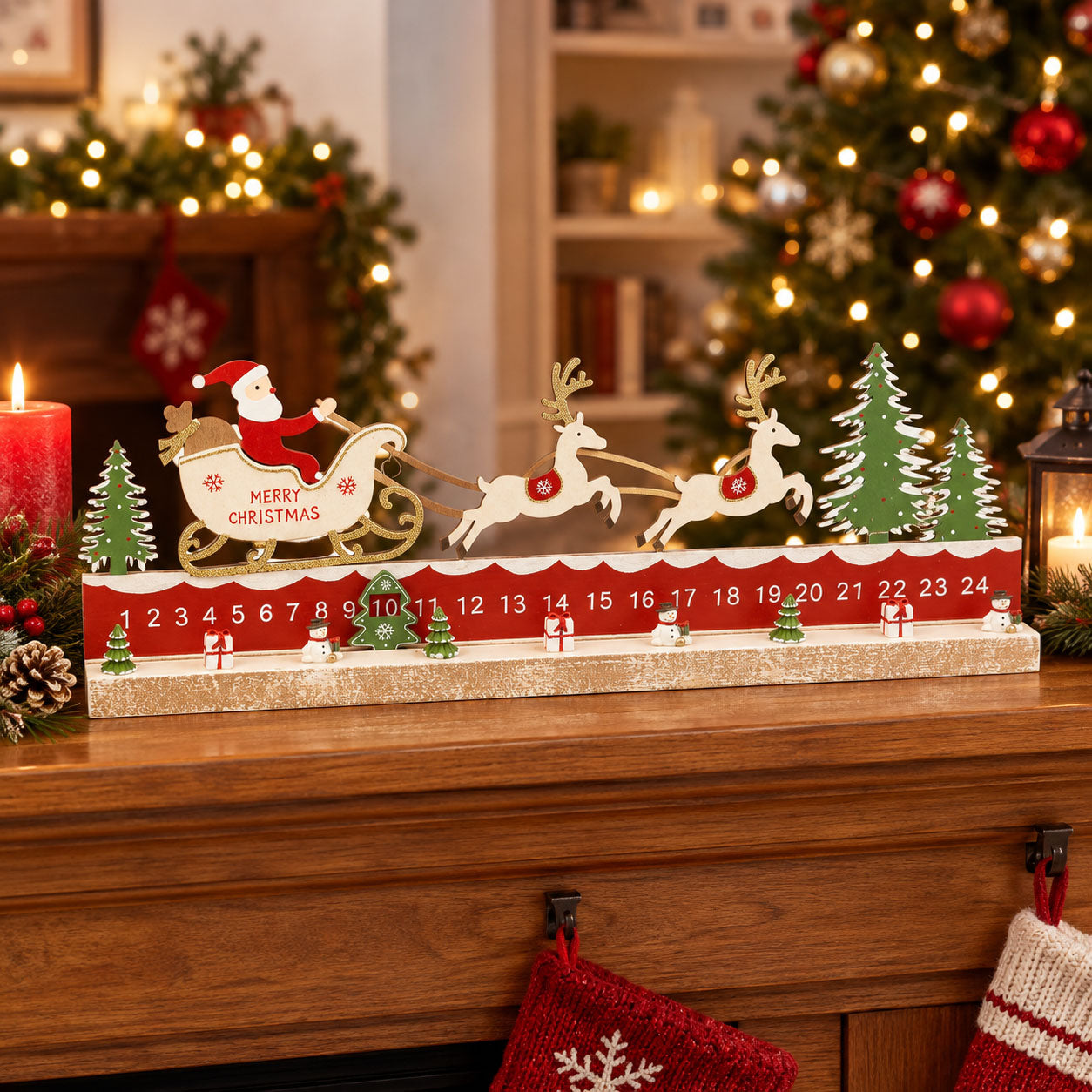 Wooden Sant's Sleigh Countdown Advent Calendar with Moveable Tree