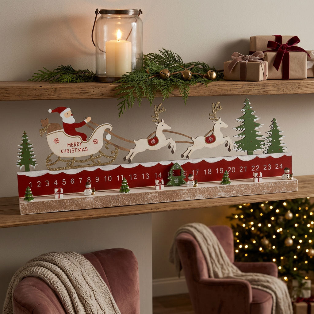 Wooden Sant's Sleigh Countdown Advent Calendar with Moveable Tree