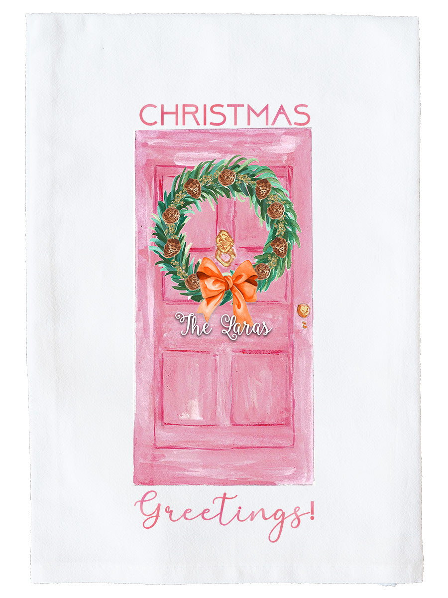 Christmas Greetings Pink Door Kitchen Towel