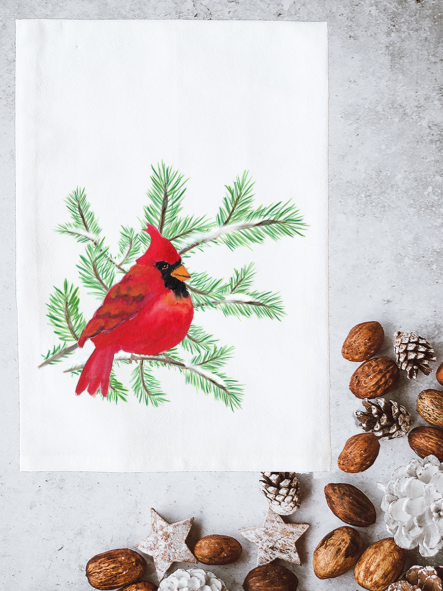 Christmas Cardinal On Snowy Branch Kitchen Towel