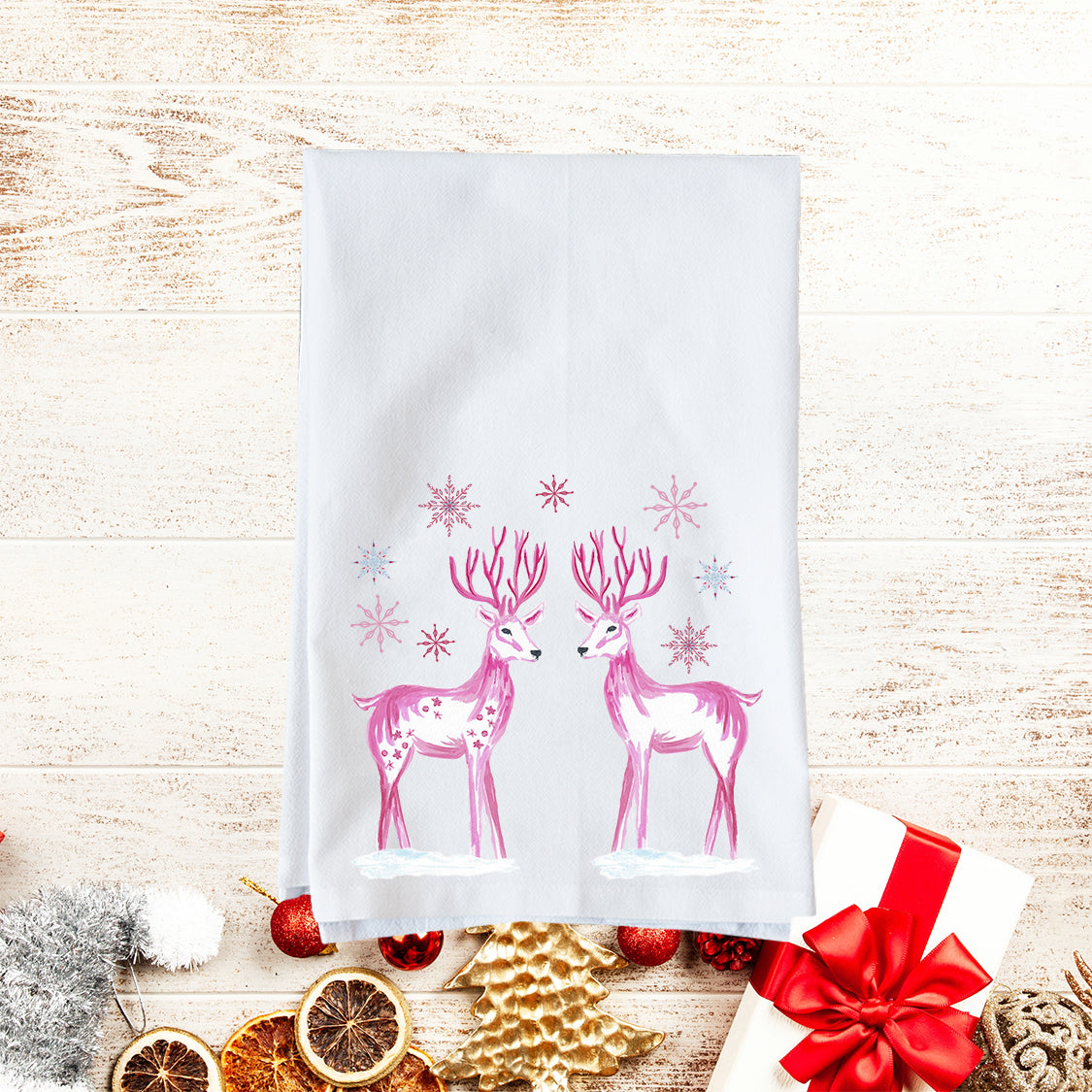 Pink Deer With Snowflakes Kitchen Towel
