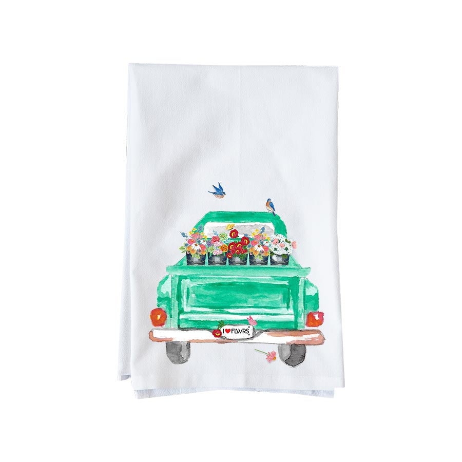 Green Truck With Flowers Kitchen Towel