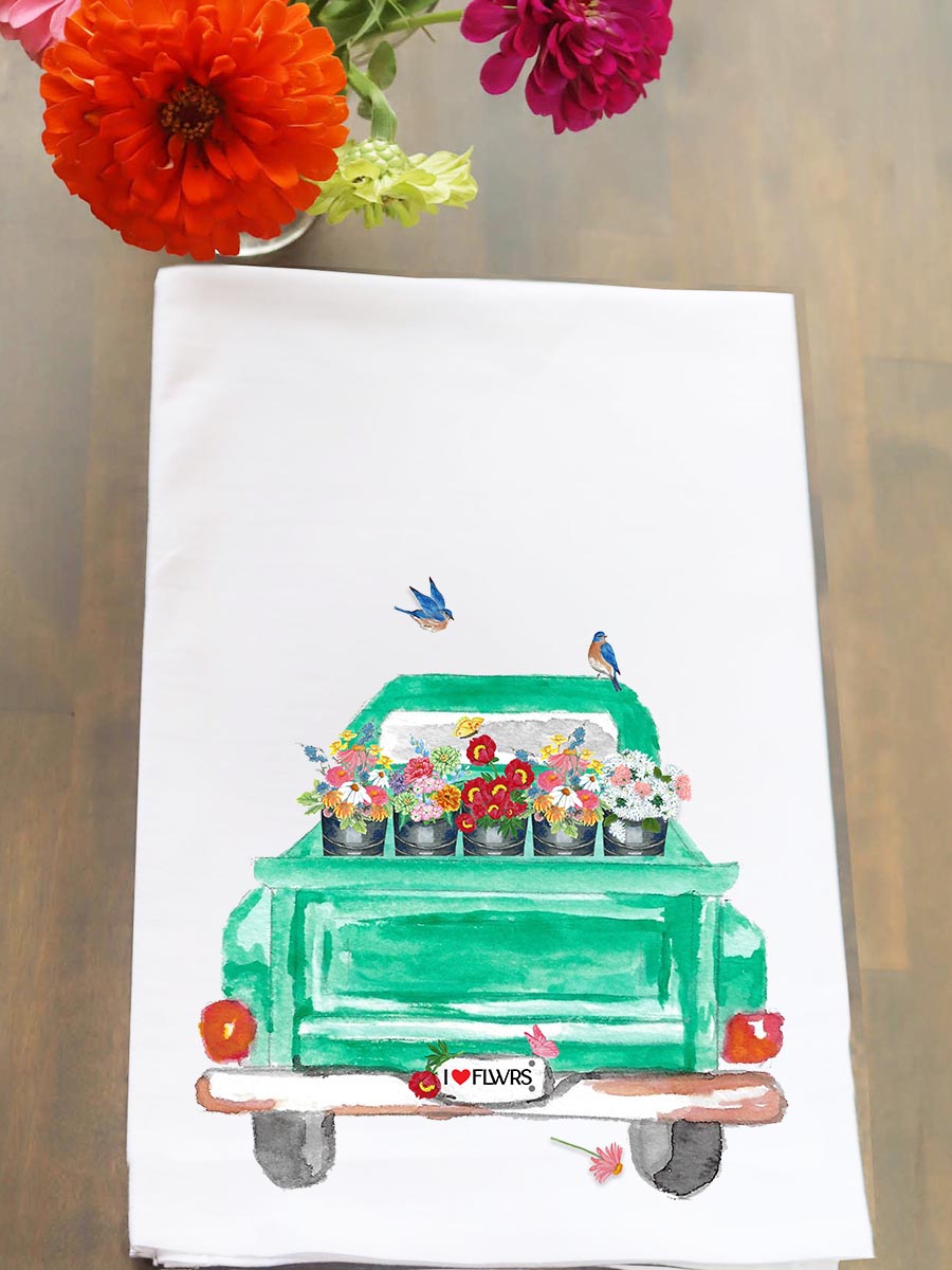 Green Truck With Flowers Kitchen Towel