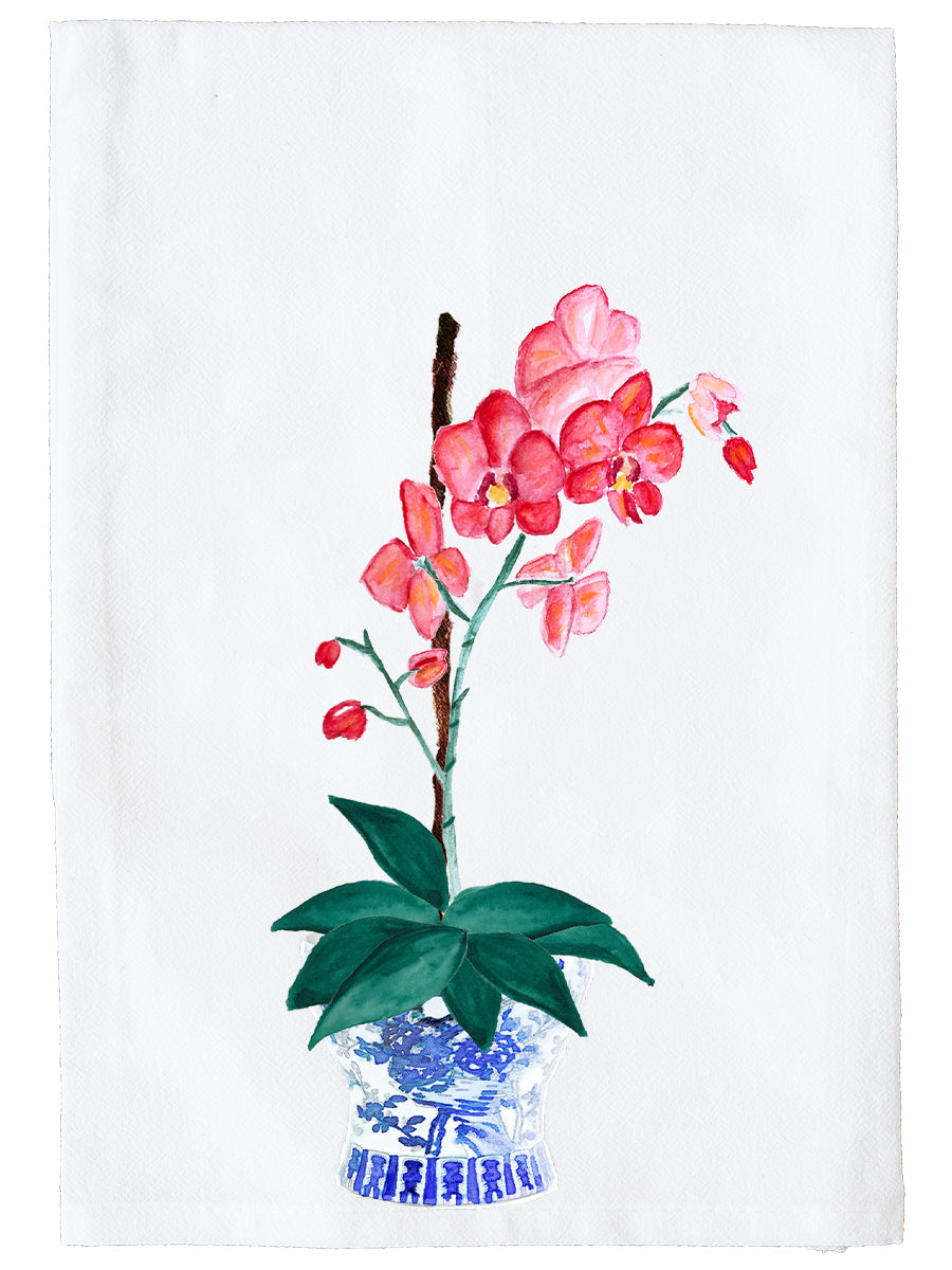 Ginger Jar With Coral Orchid Kitchen Towel