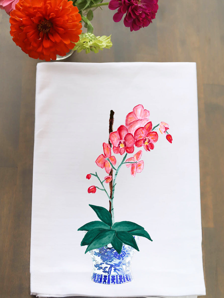 Ginger Jar With Coral Orchid Kitchen Towel