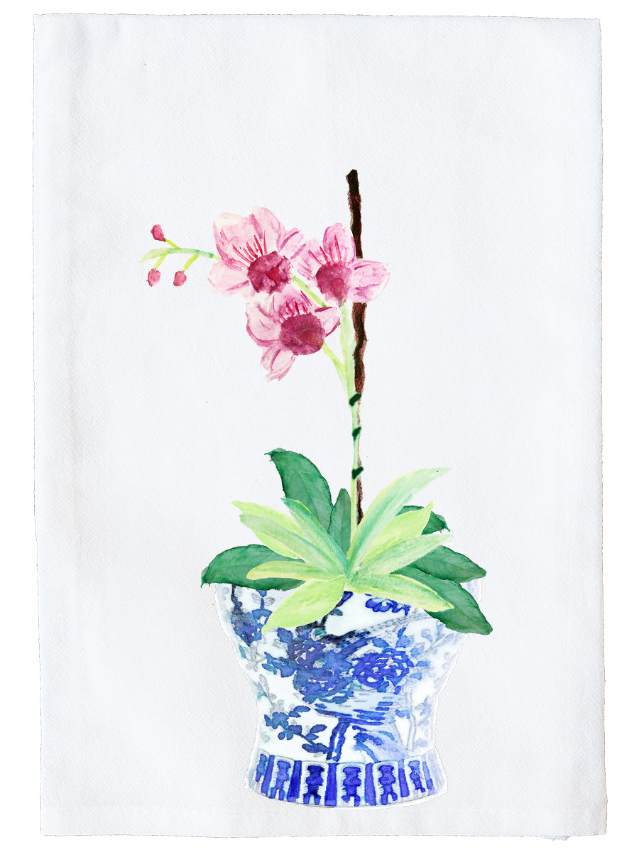 Ginger Jar with Pink Orchid Kitchen Towel