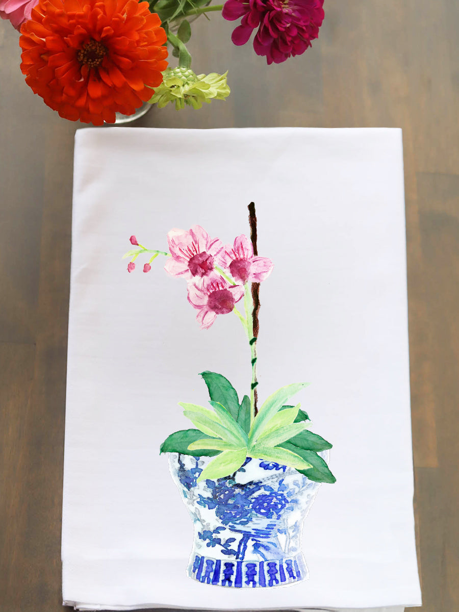 Ginger Jar with Pink Orchid Kitchen Towel