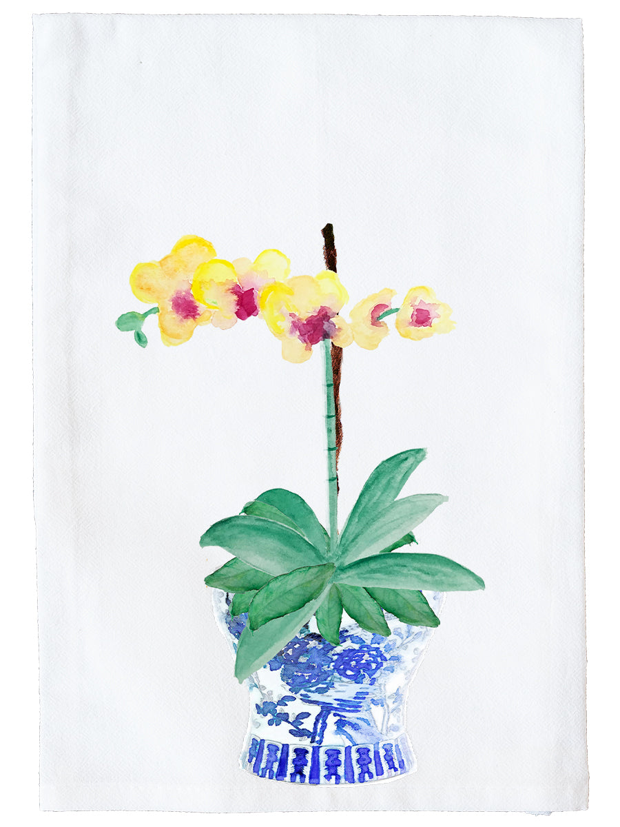 Ginger Jar with Yellow Orchid Kitchen Towel