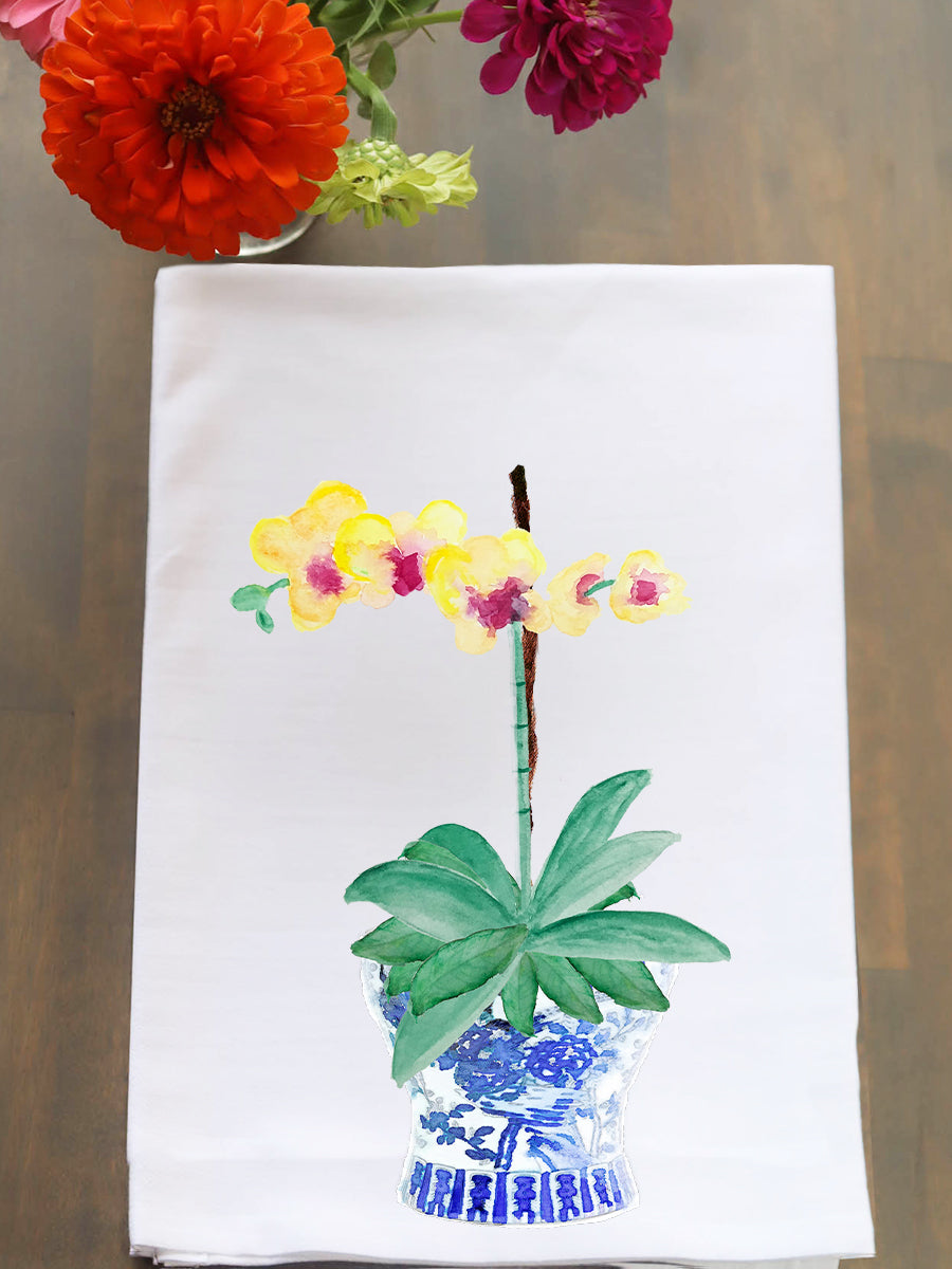 Ginger Jar with Yellow Orchid Kitchen Towel