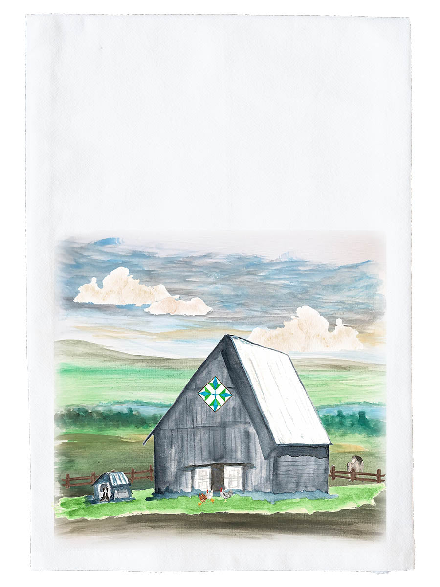 Gray Barn With Star and Animals Kitchen Towel