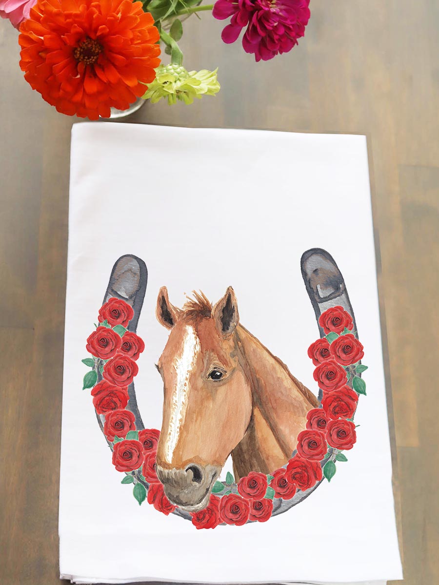 Horse Horseshoe Roses Derby Kitchen Towel