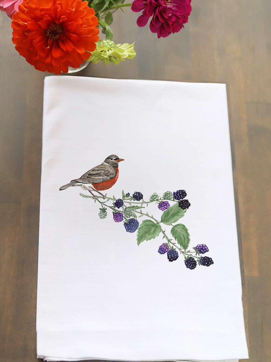 Robin And Blackberries Kitchen Towel