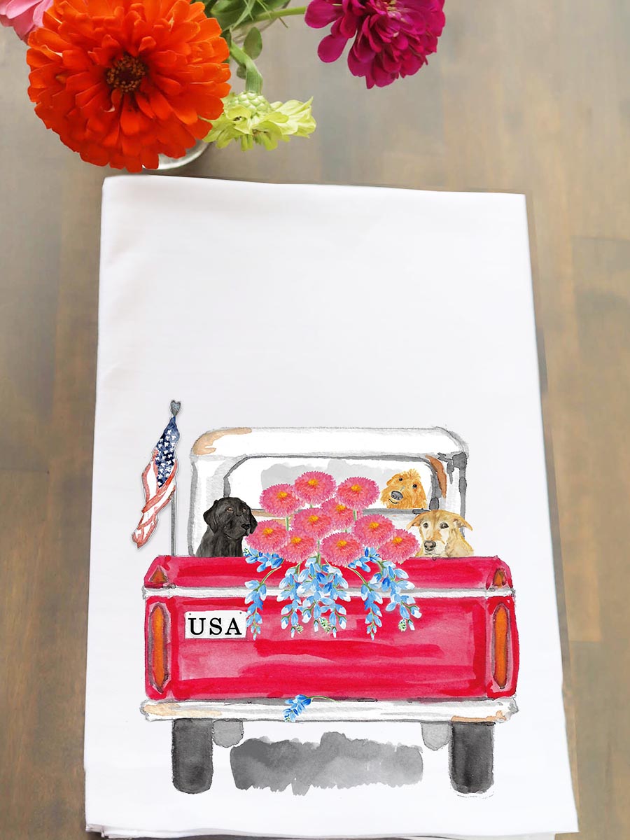 Patriotic Truck With Dogs Kitchen Towel