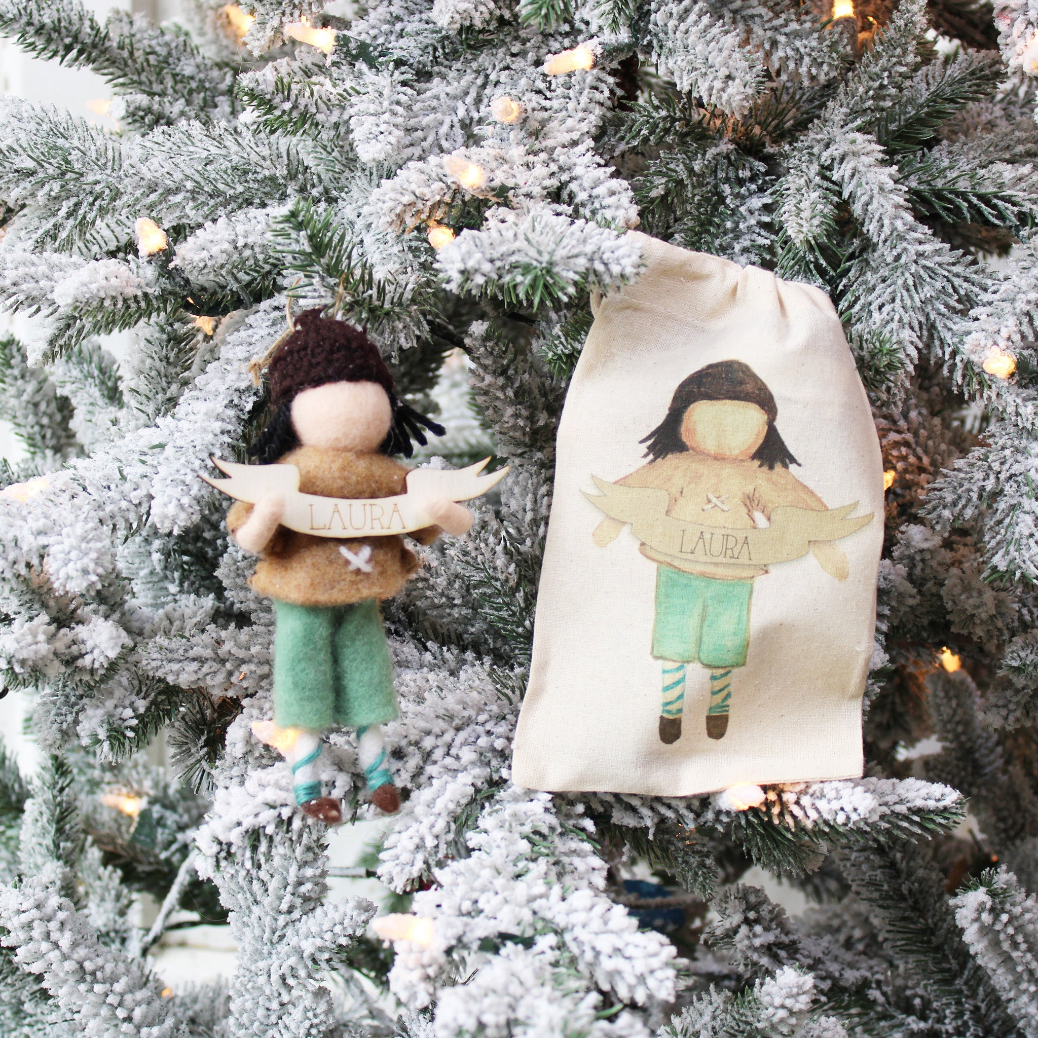 Girl Felted Wood Ornament Personalized