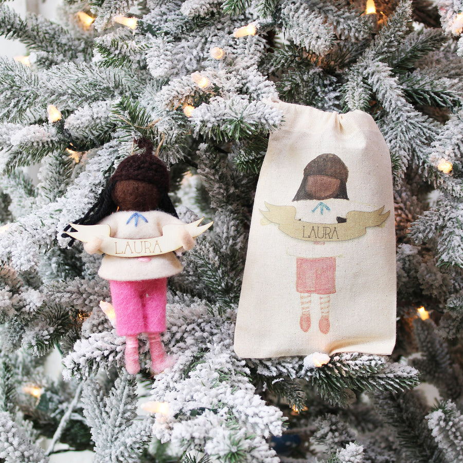 Girl Felted Wood Ornament Personalized