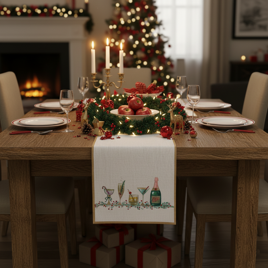 Holiday Cocktails Table Runner & Gold Trim