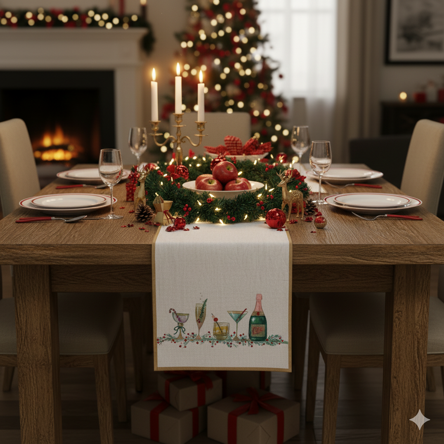 Holiday Cocktails Table Runner & Gold Trim