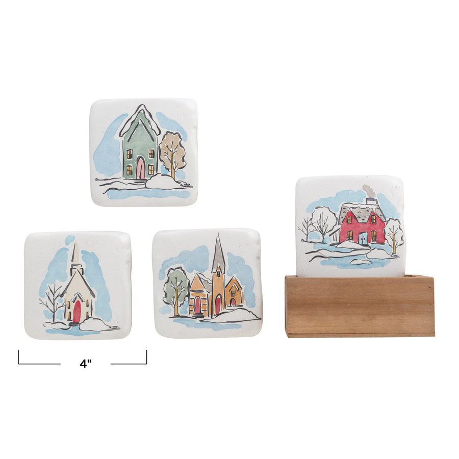 Coasters With Houses Set of 4