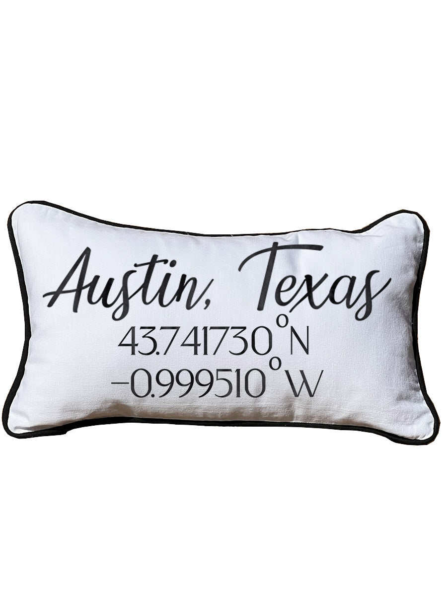 Geographical Coordinates (of your City or Town) Lumbar White Pillow with Piping