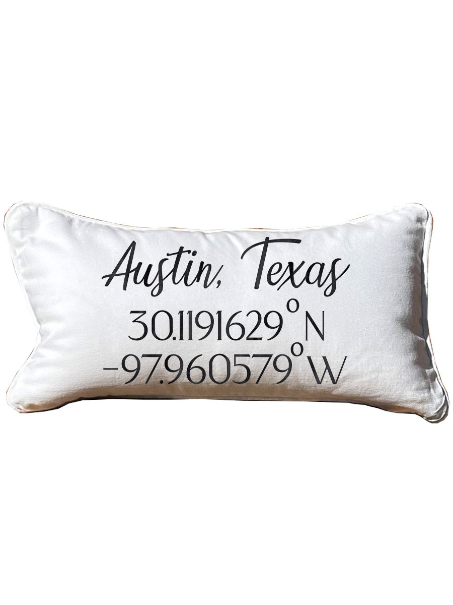 Geographical Coordinates (of your City or Town) Lumbar White Pillow with Piping