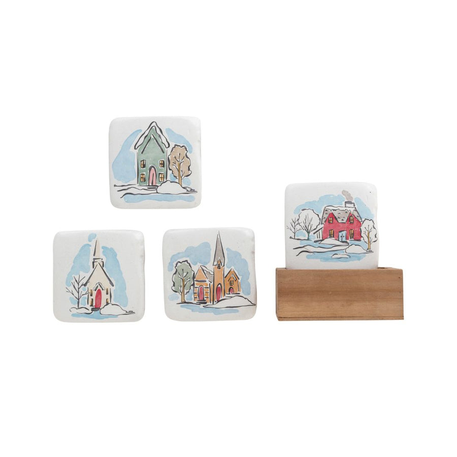 Coasters With Houses Set of 4