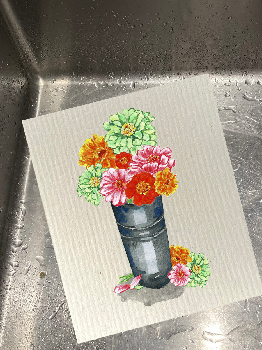Bucket of Zinneas Dishcloth Set