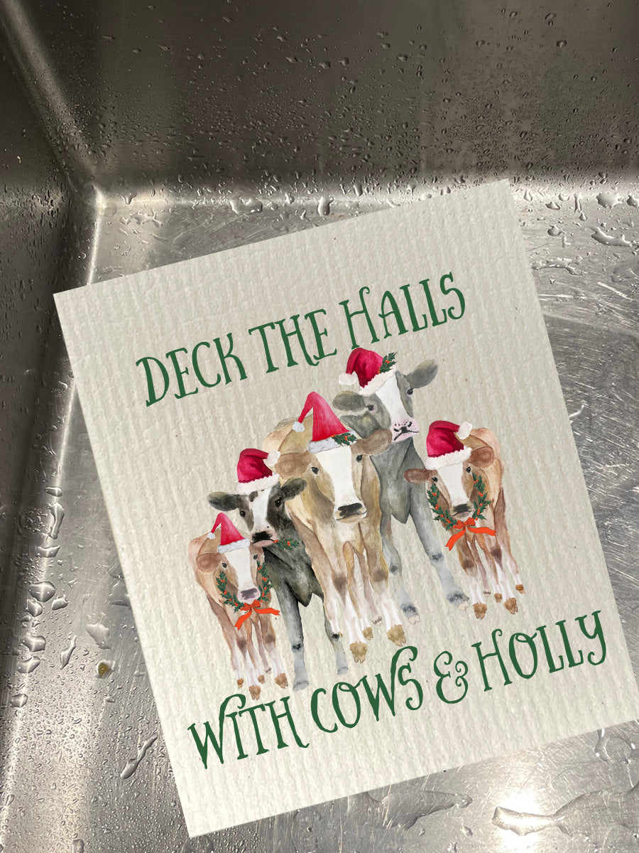 Cows and Holly Dishcloth Set