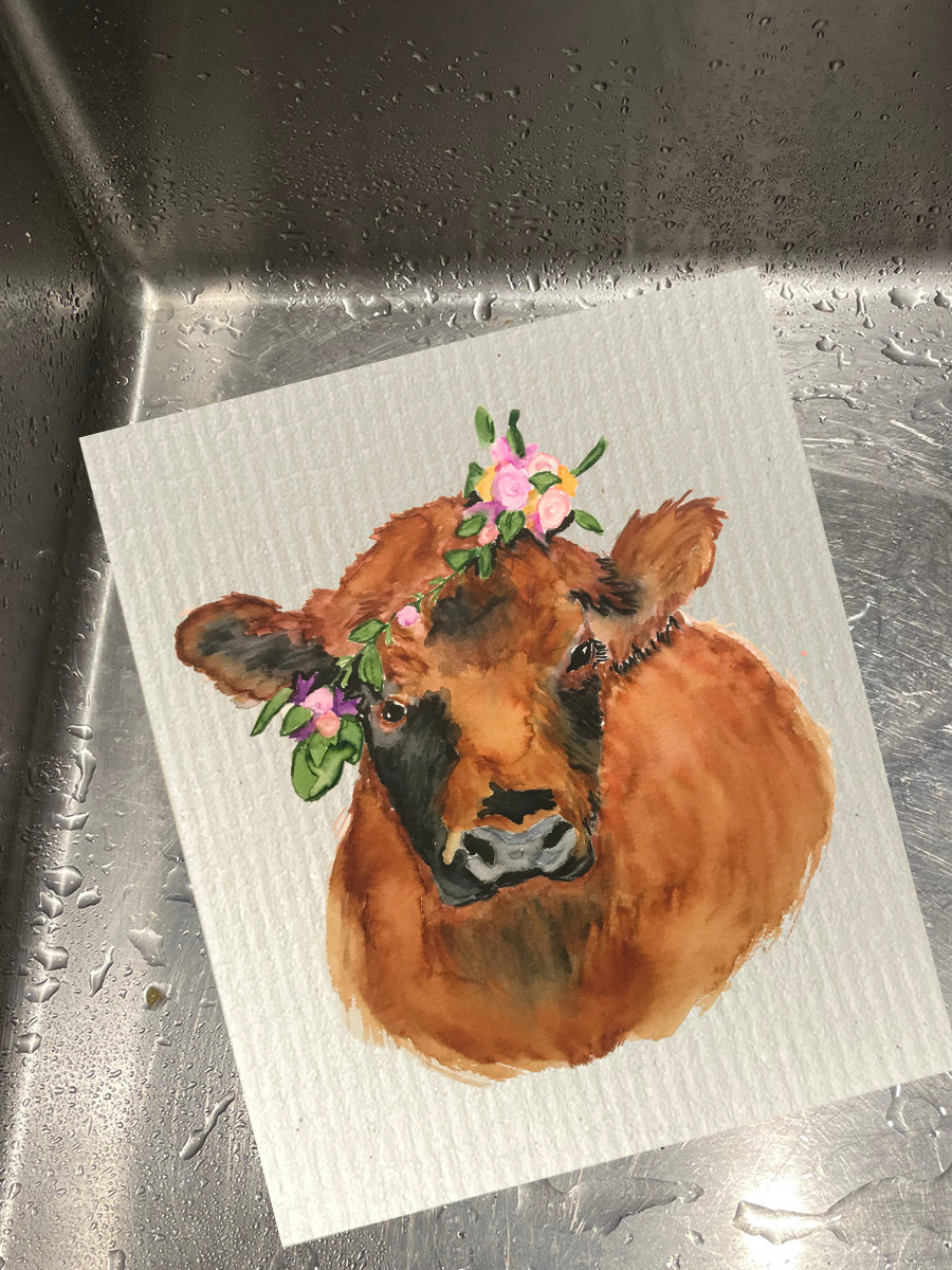 Floral Red Cow Dishcloth Set