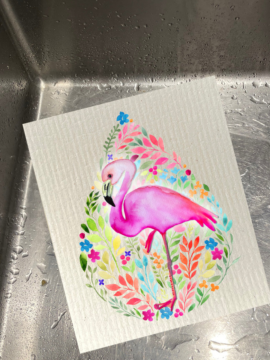 Floral Flamingo Bio-degradable Cellulose Dishcloth Set of 2