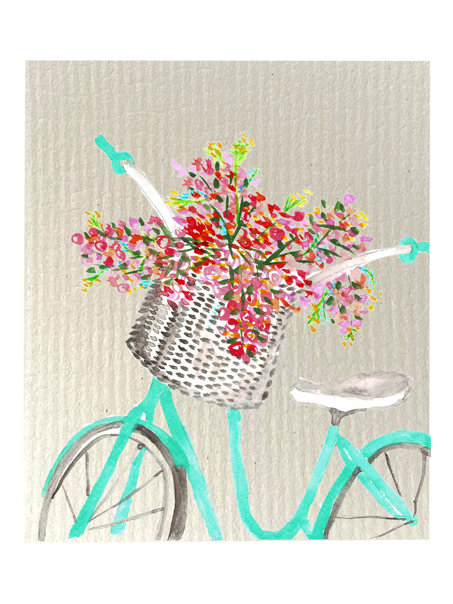 Green Bike With Flowers Bio-degradable Cellulose Dishcloth Set of 2
