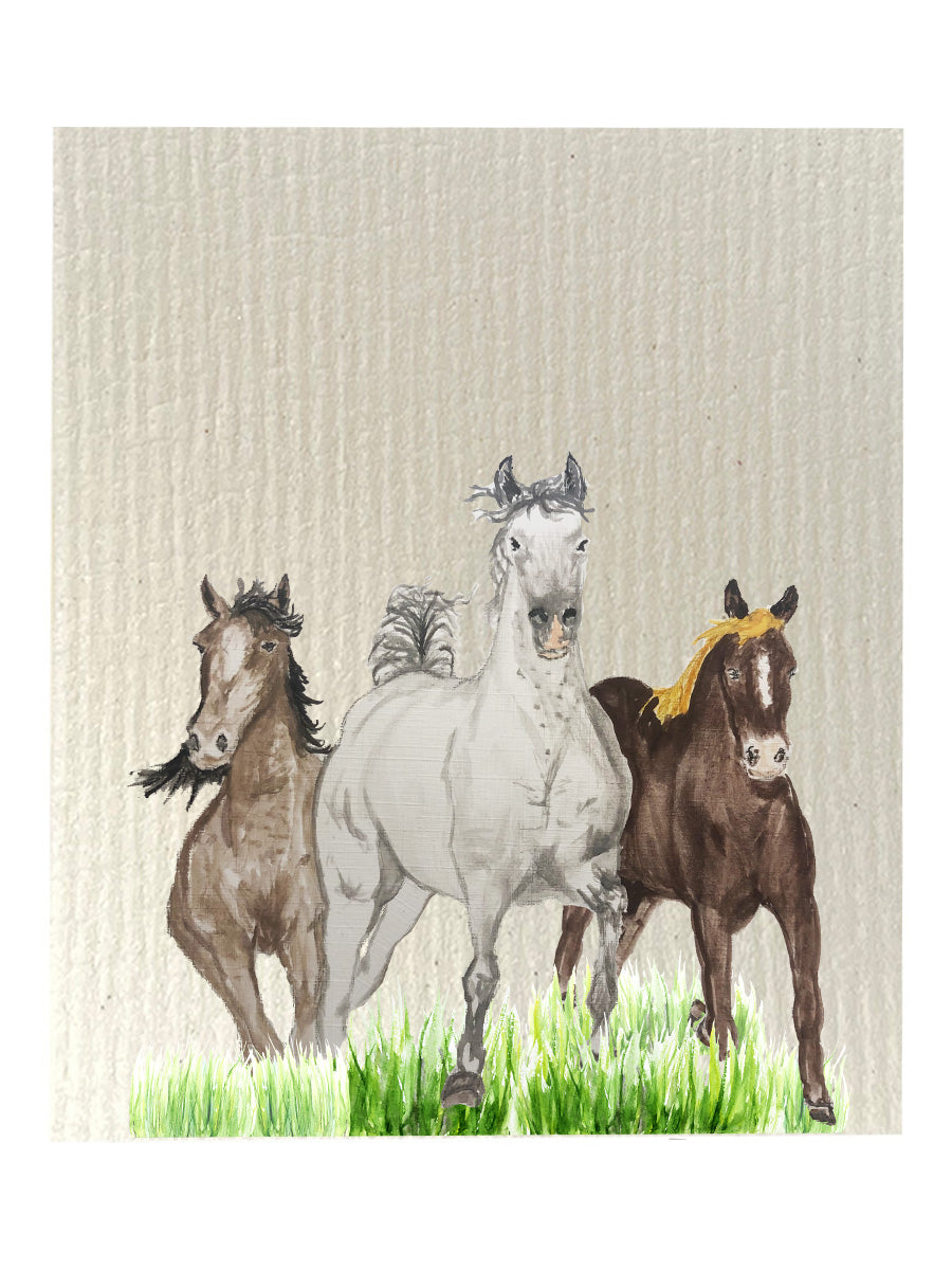 Horse Trio Running In Grass Dishcloth Set
