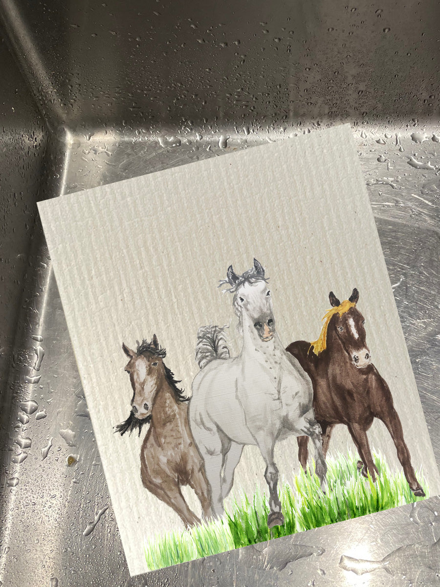 Horse Trio Running In Grass Dishcloth Set