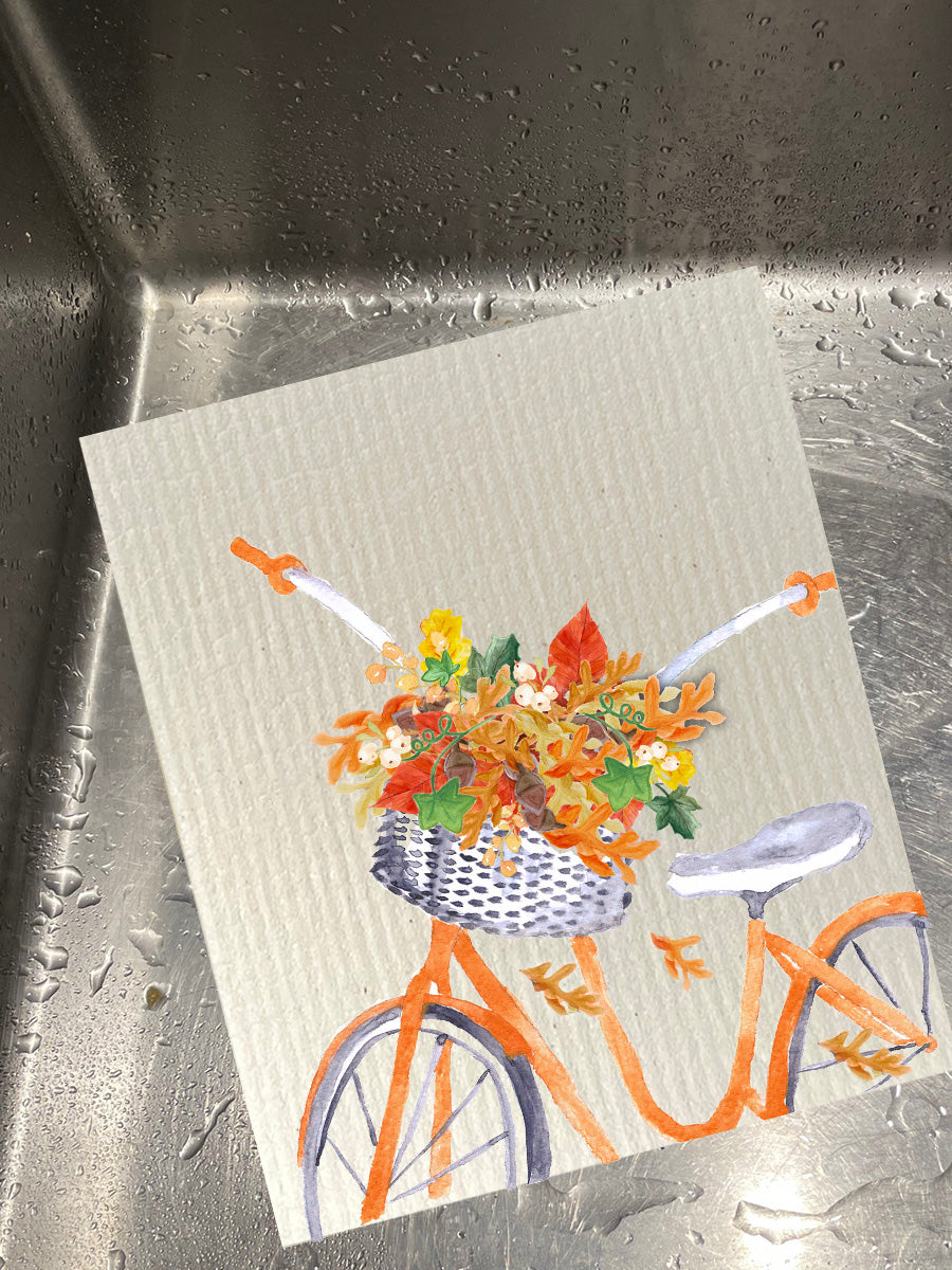 Orange Bike With Basket Dishcloth Set
