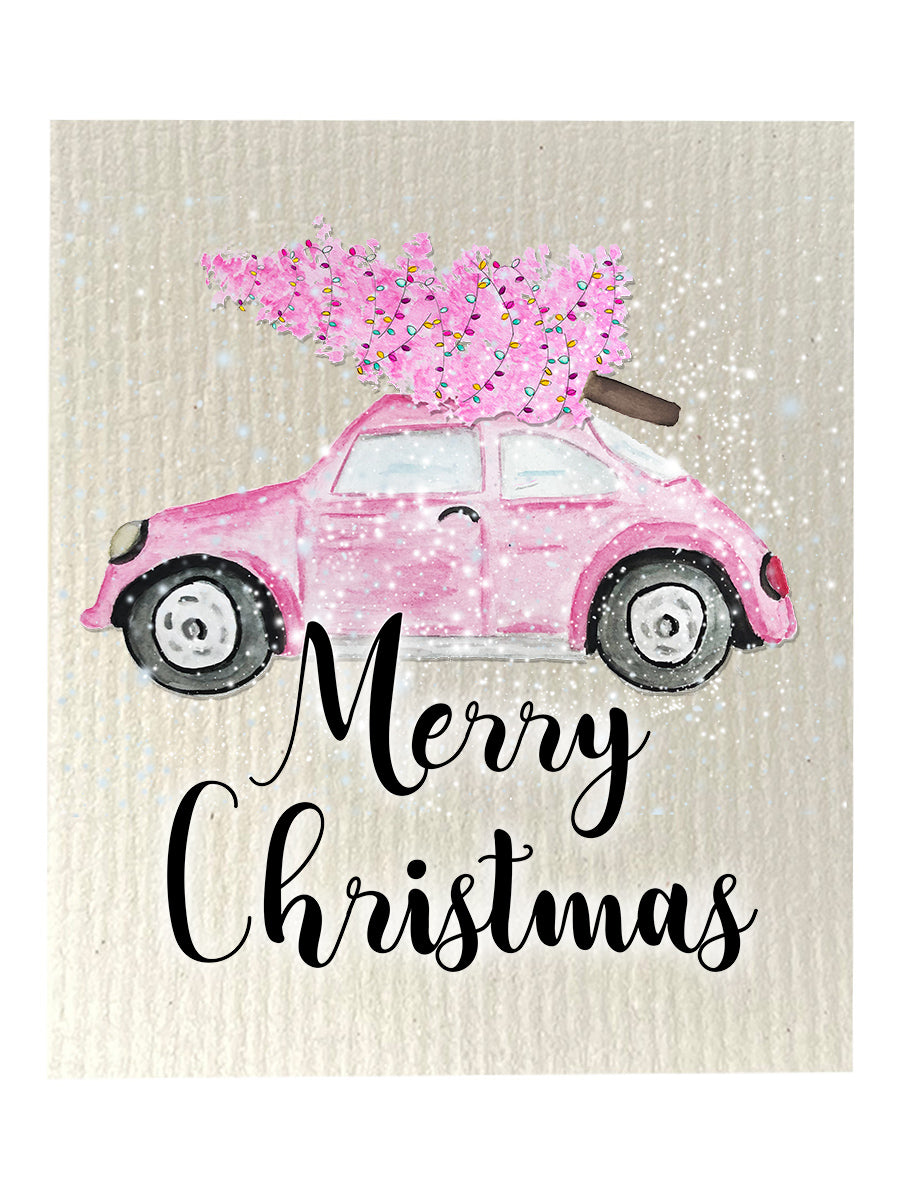 Pink Christmas Car Dishcloth Set