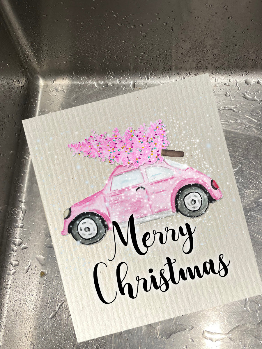 Pink Christmas Car Dishcloth Set