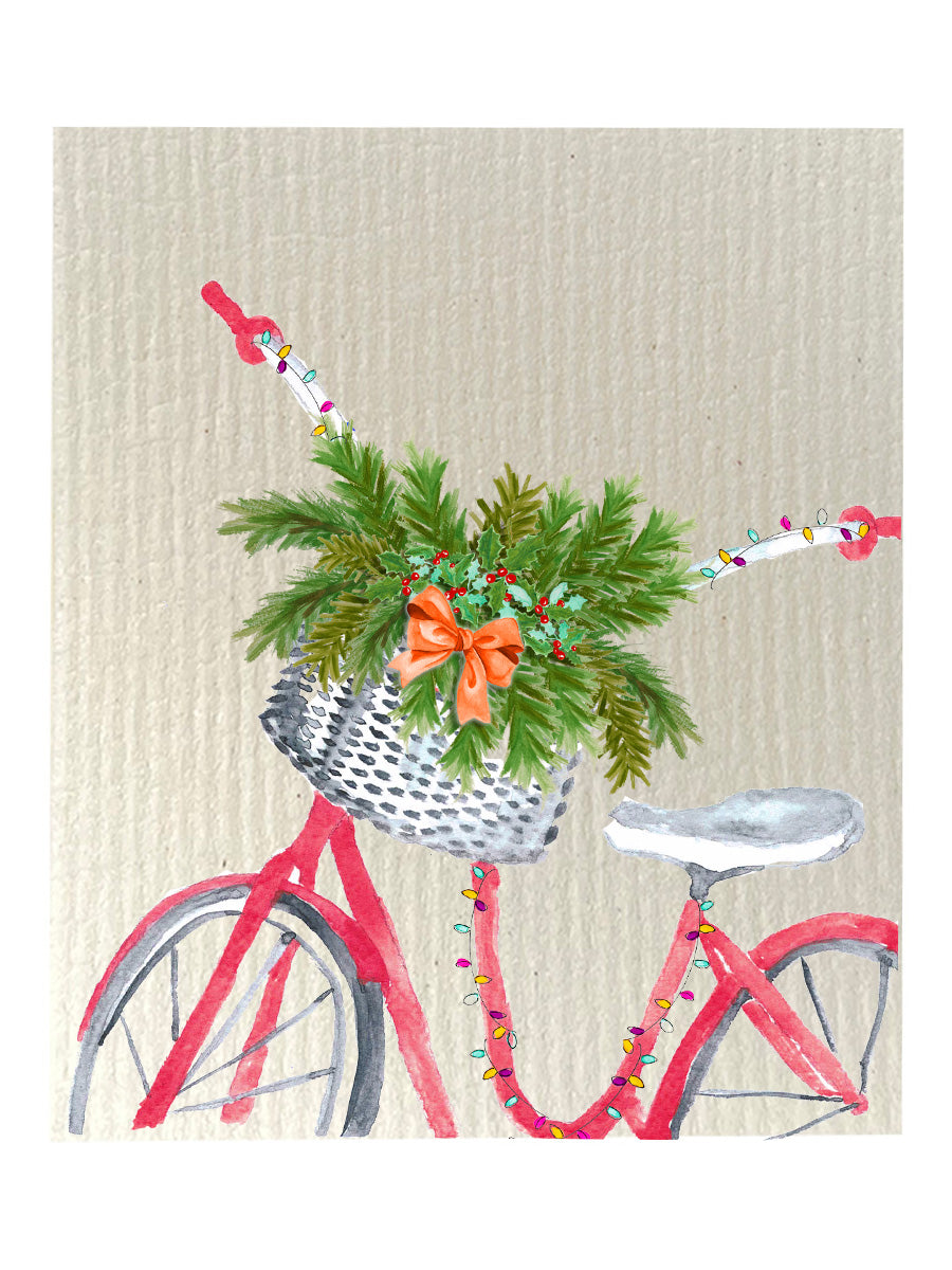 Red Bike With Greenery Bio-degradable Cellulose Dishcloth Set of 2