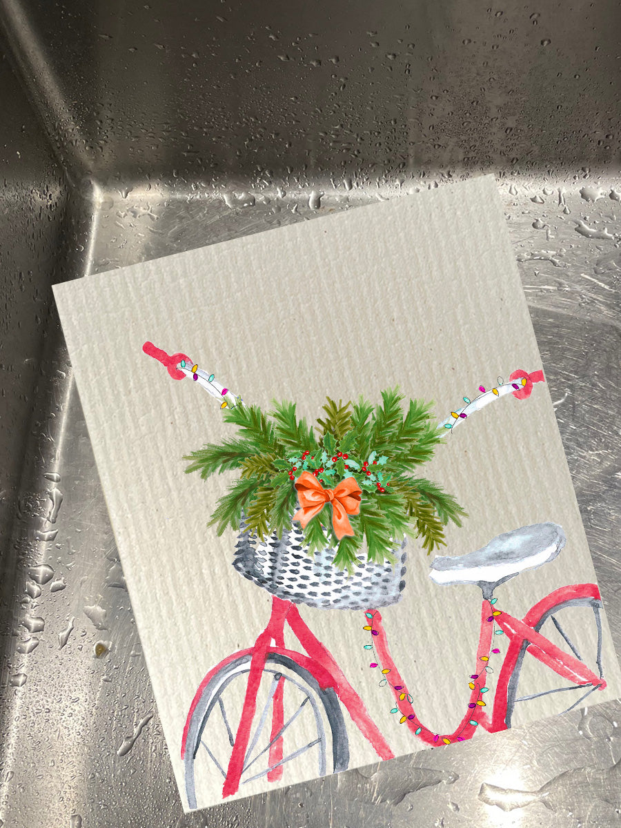 Red Bike With Greenery Dishcloth Set