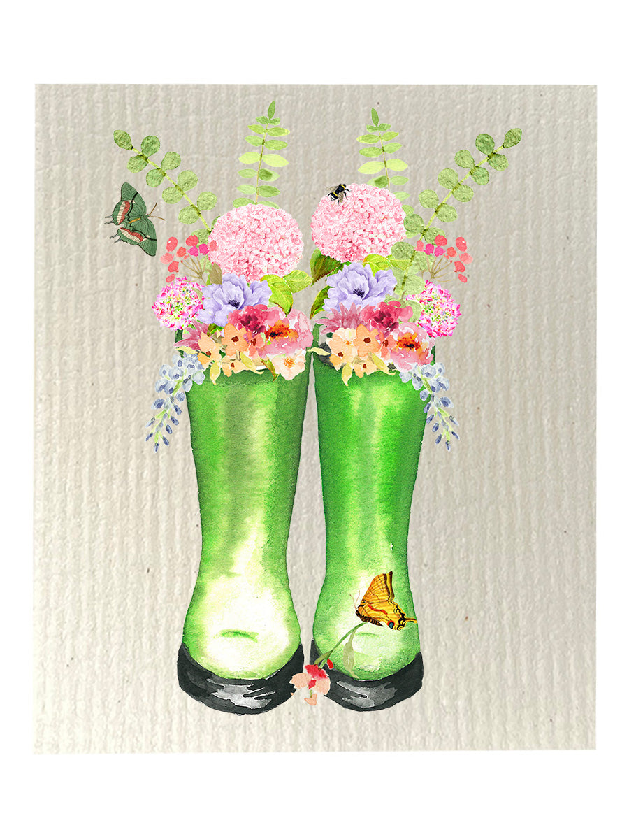 Green Floral Rainboots