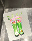 Green Floral Rainboots -  Bio-degradable Cellulose Dishcloth Set of 2