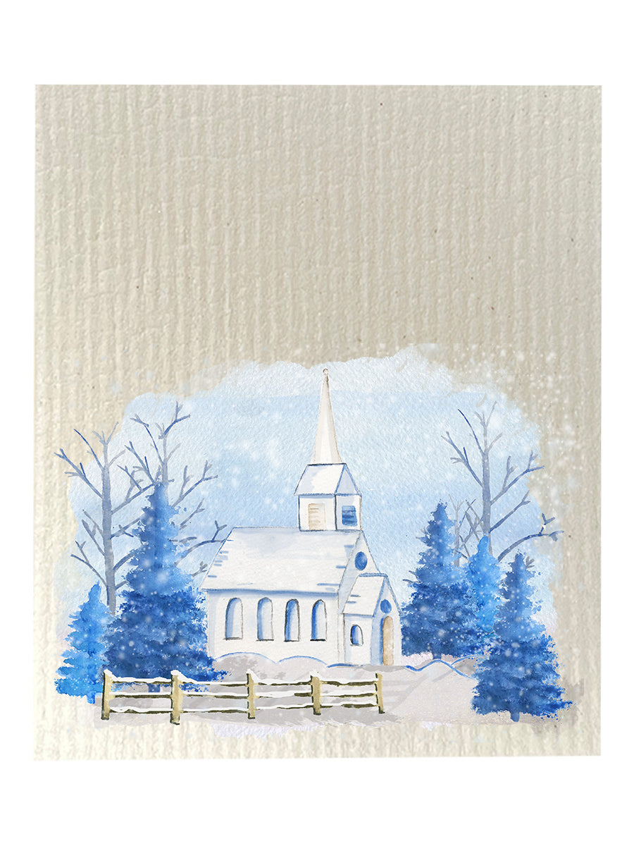 Snowy Blue Church Dishcloth Set