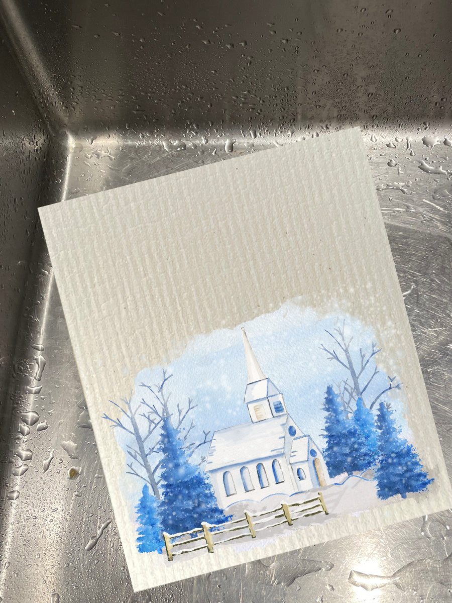 Snowy Blue Church Dishcloth Set