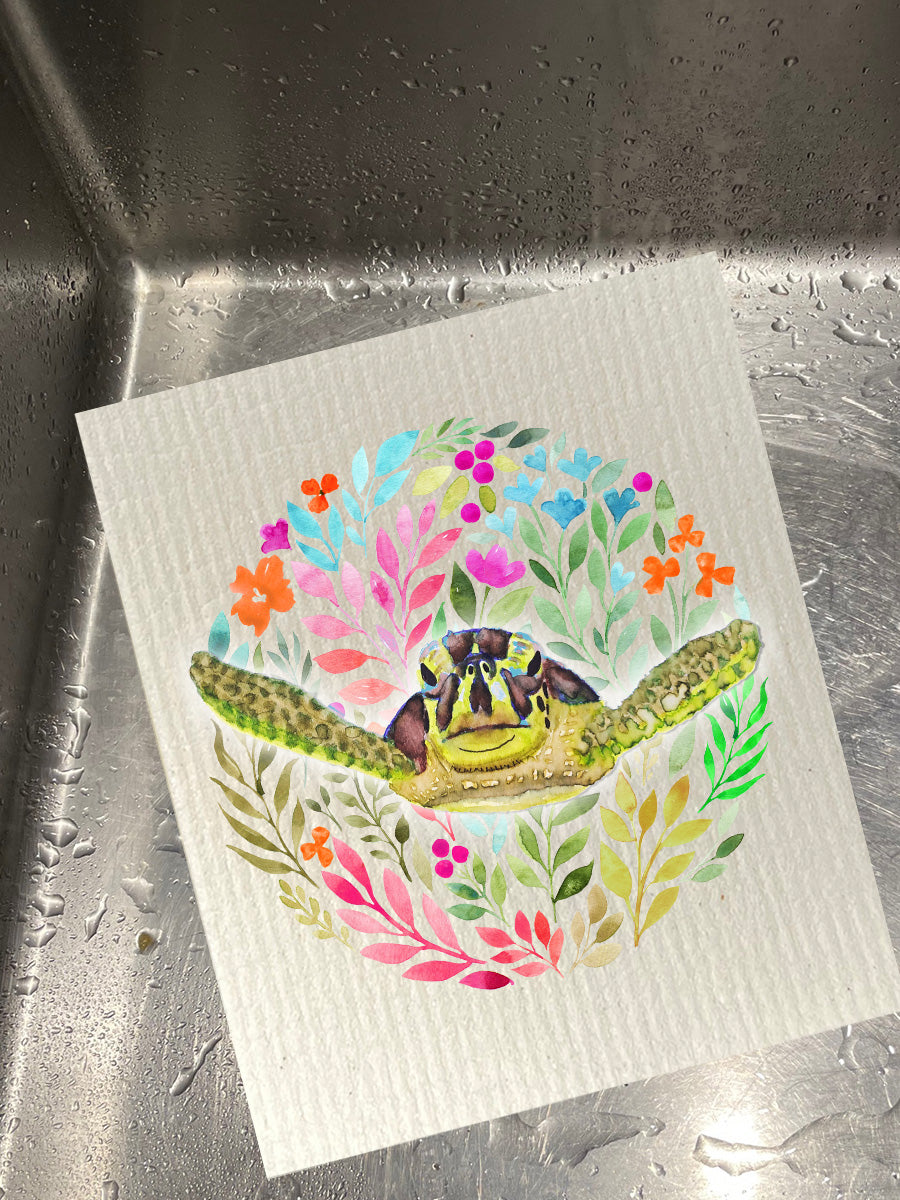 Floral Sea Turtle Dishcloth Set