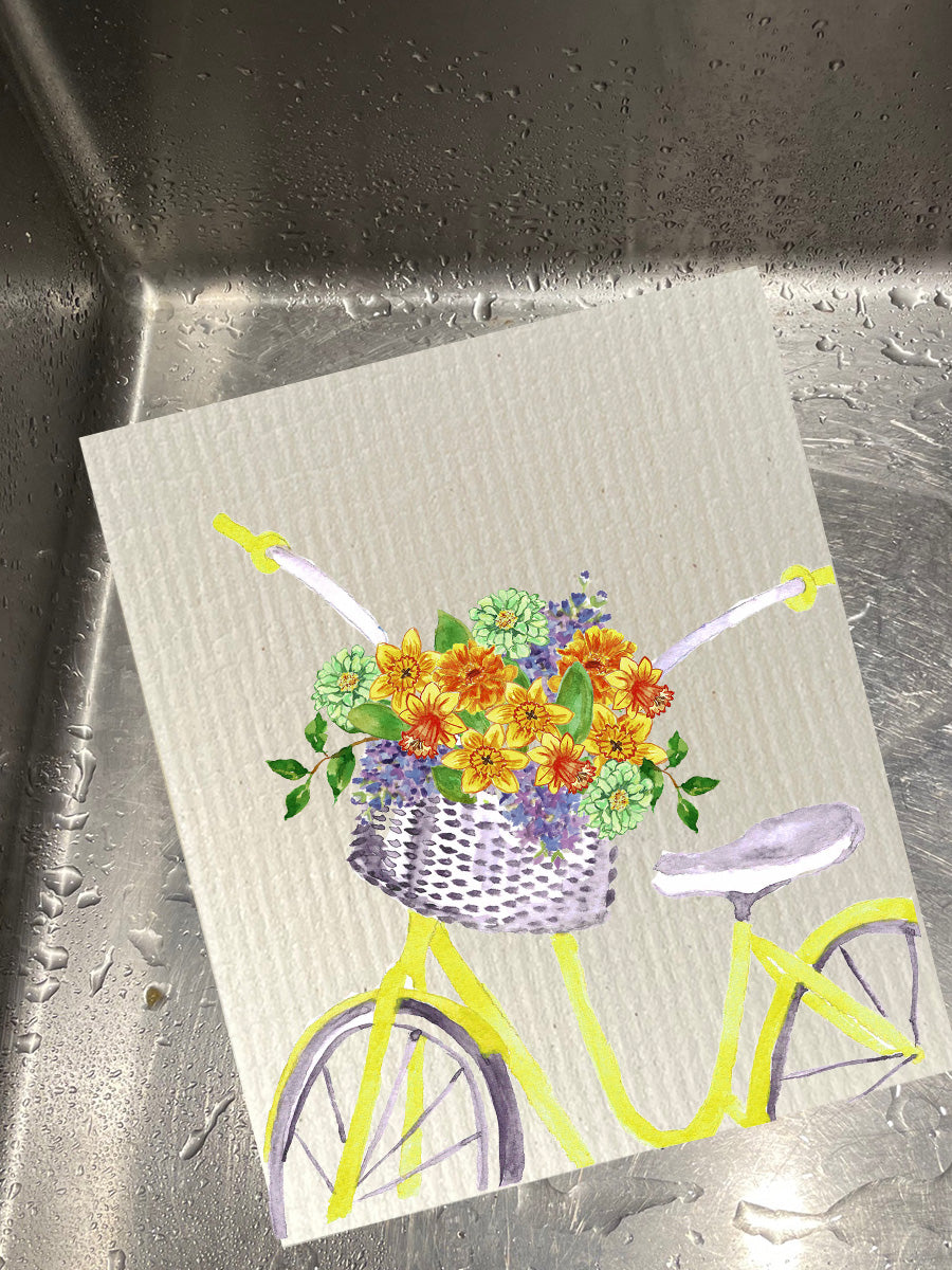 Yellow Bike With Basket Dishcloth Set